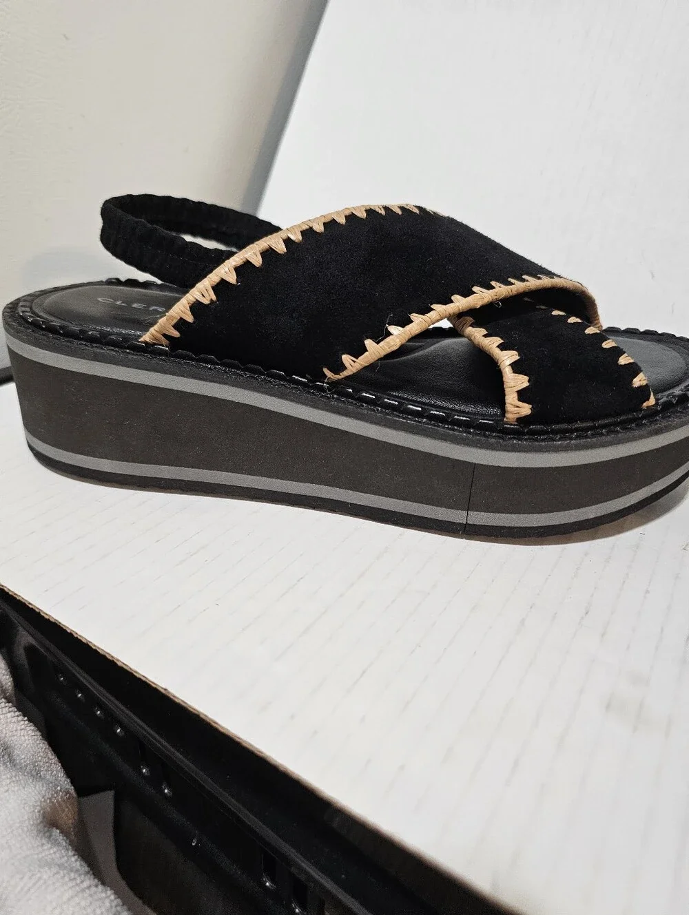 Clergerie Paris Freedom Black Suede Platform Slingback Sandals Whipstitch Sz 37